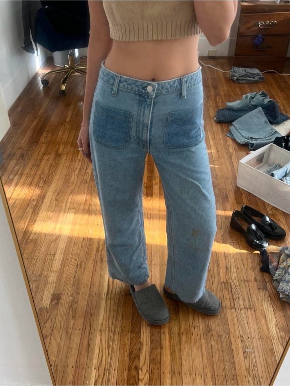 blue high waisted wide leg reformation eloise patch jean